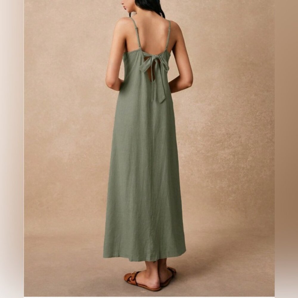 LAST ONE 🔥 Minimalist Sage Green Viscose Linen Blend Maxi Dress - Picture 3 of 8